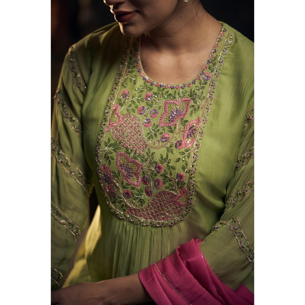 Hirika & Dhruti Green Chinnon Peplum Kurta with Sharara and Dupatta (Set of 3)