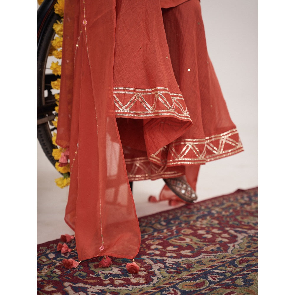 Hirika & Dhruti Rust Resham Hand Embroidered Kurta with Palazzo and Dupatta (Set of 3)