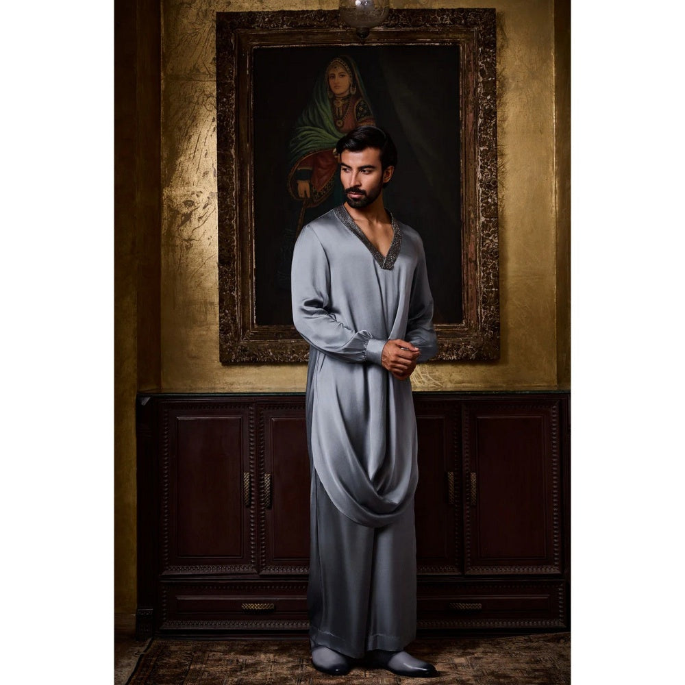 HISTORI Satin Men Grey Embellished Kurta with Pyjama