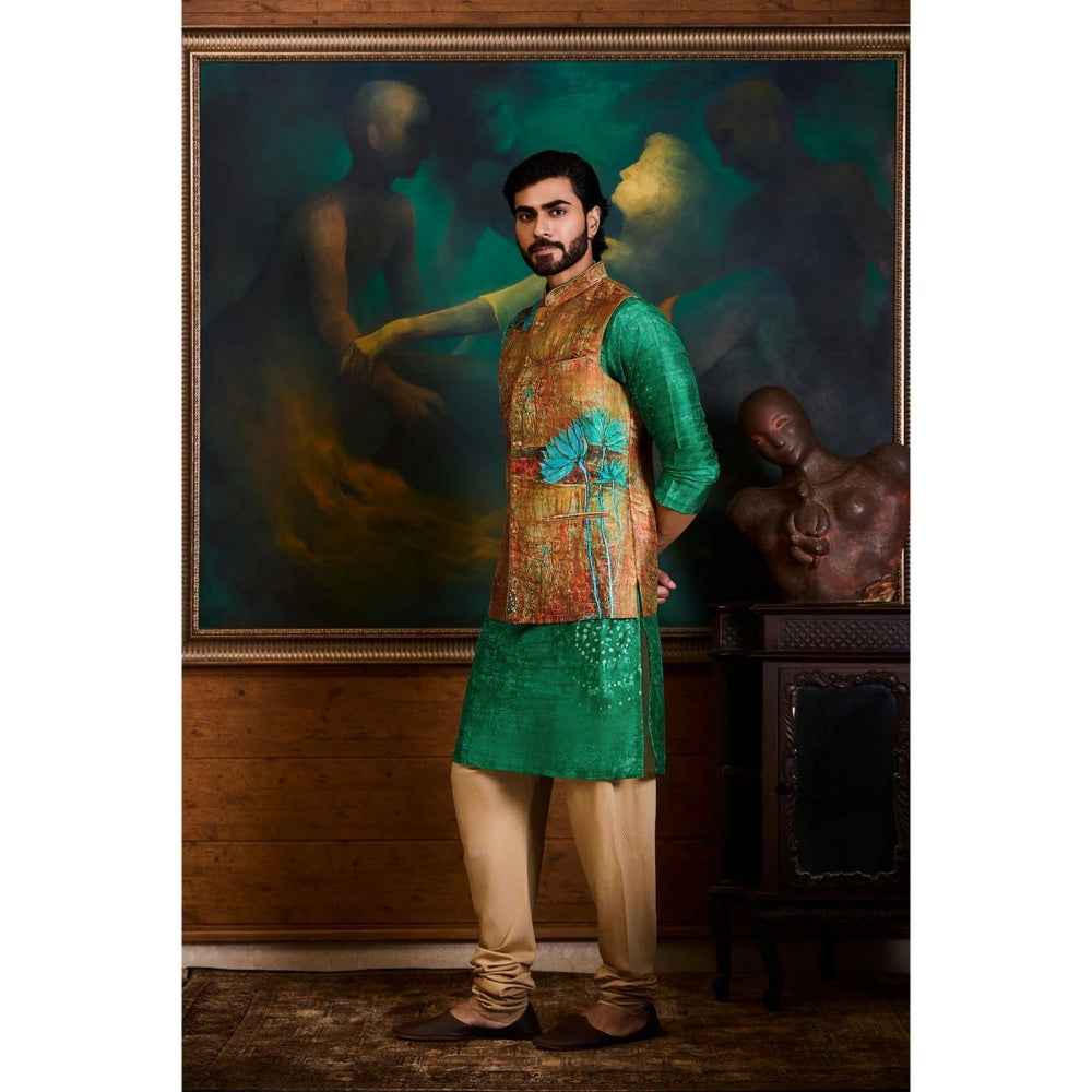 HISTORI Cotton Silk Men Rust Abstract Nehru Jacket and Kurta with Churidar