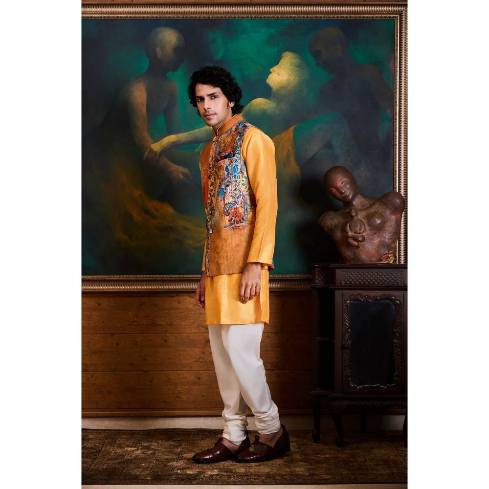 HISTORI Cotton Silk Men Yellow Floral Nehru Jacket and Kurta with Churidar