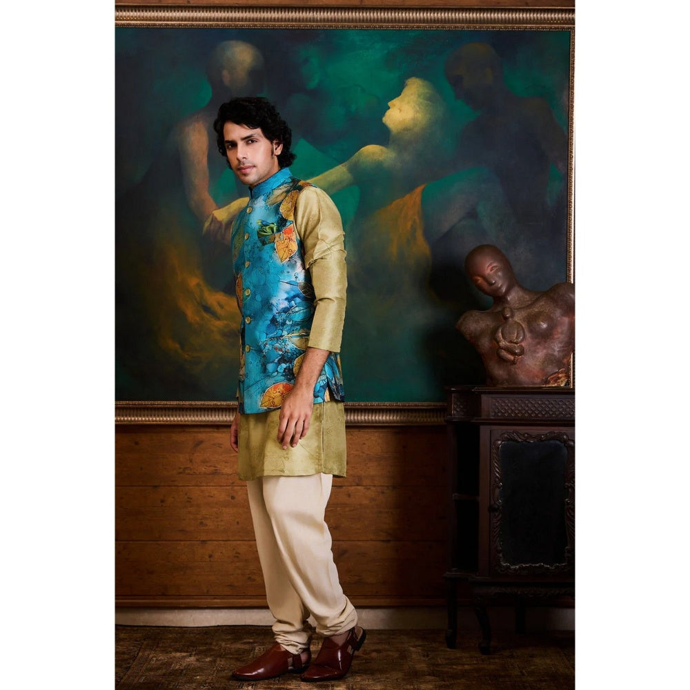 HISTORI Cotton Silk Men Teal Floral Nehru Jacket and Kurta with Churidar