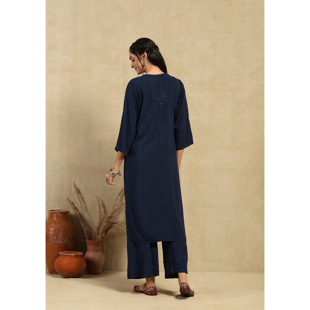 House of Chikankari Rayon Chikankari Mukaish Long Kurta with Palazzo -Navy Blue