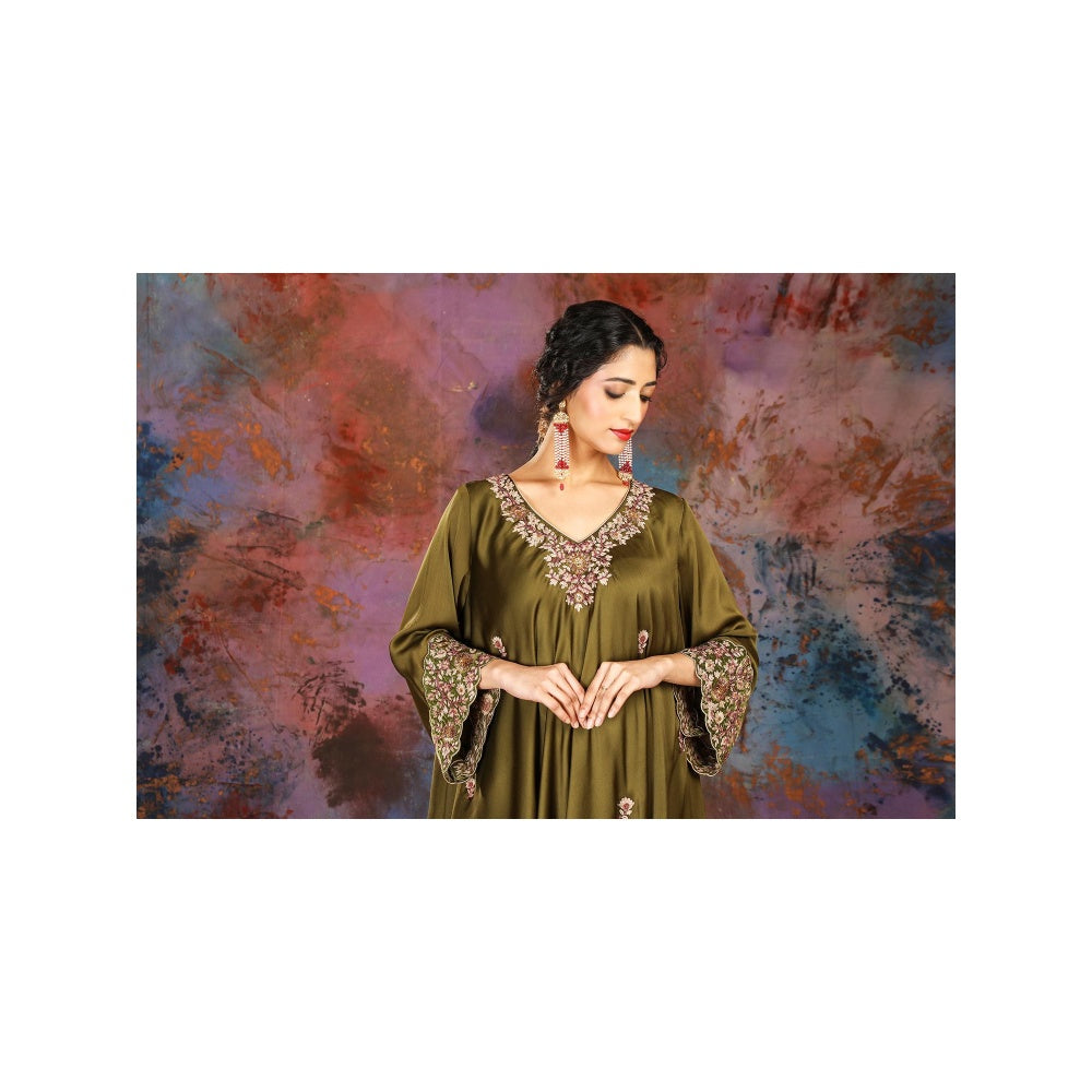 House of Supriya Asymmetrical Olive Kurta With Embroidery With Sharara and Slip (Set of 3)