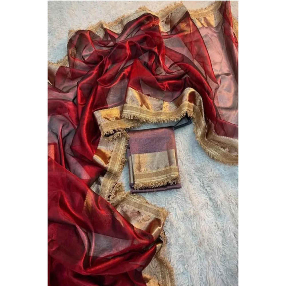 Isadora Life Womens Woven Zari Red Pre-Draped Saree With Unstitched Blouse