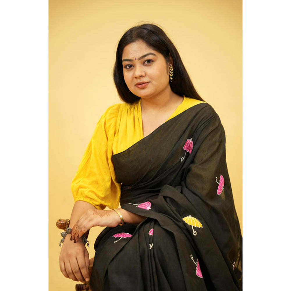 Isadora Life Womens Embroidered Tassels Black Pre-Draped Saree With Unstitched Blouse