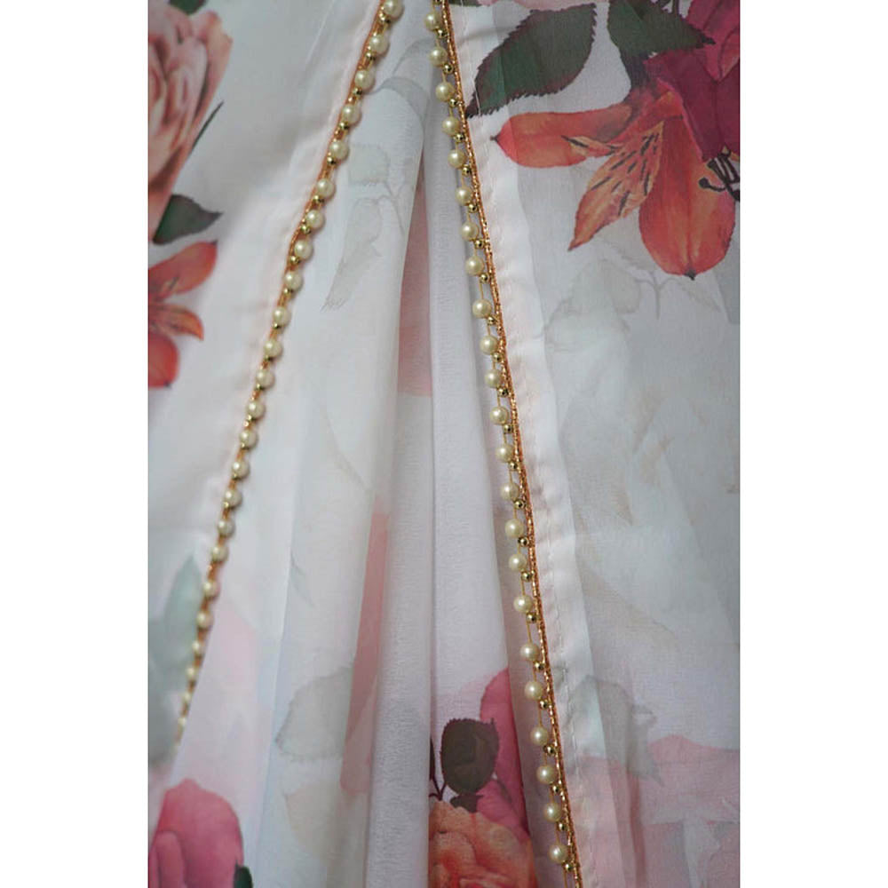 Isadora Life Womens Floral Printed White Pre-Draped Saree With Unstitched Blouse