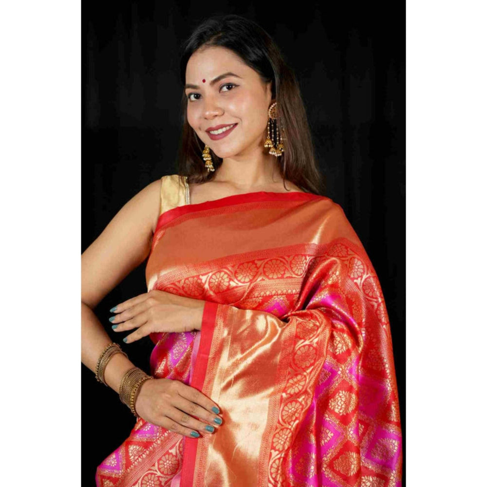 Isadora Life Womens Woven Zari Pink Pre-Draped Saree with Unstitched Blouse