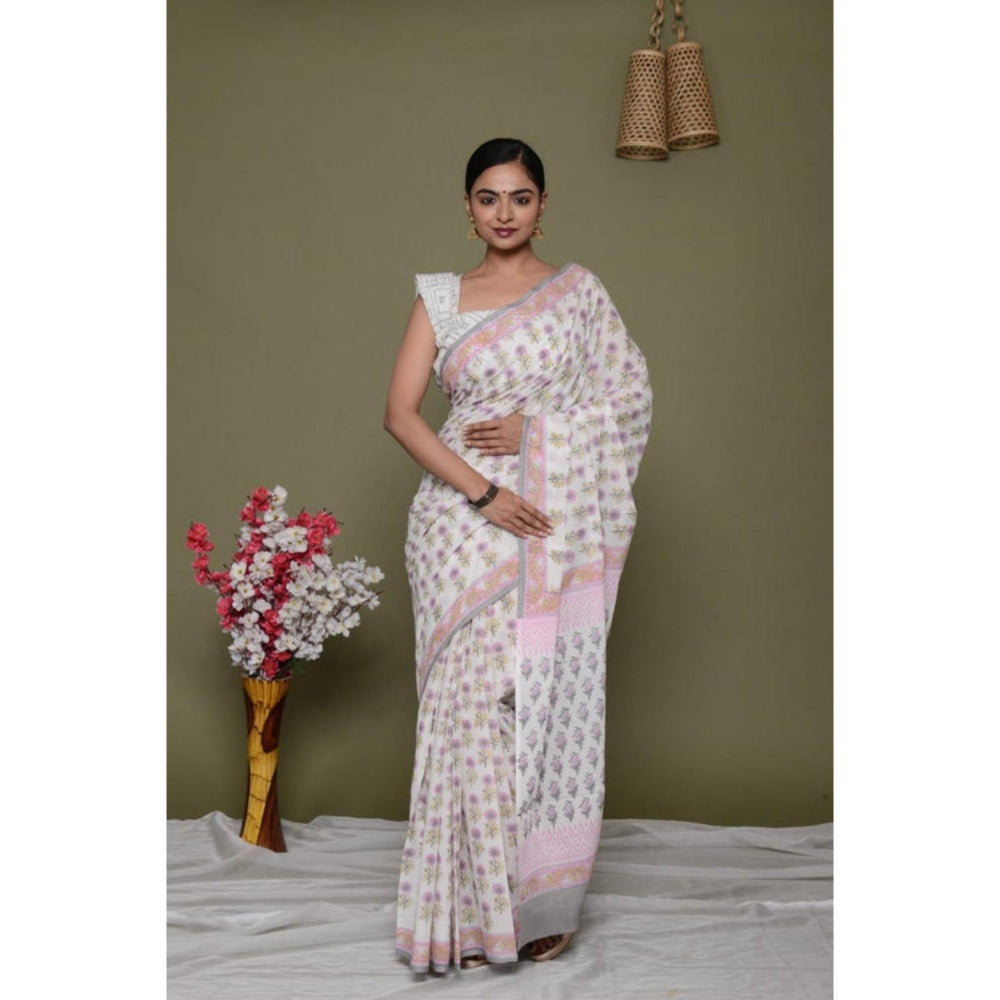 Isadora Life Womens Floral Printed White Pre-Draped Saree with Unstitched Blouse