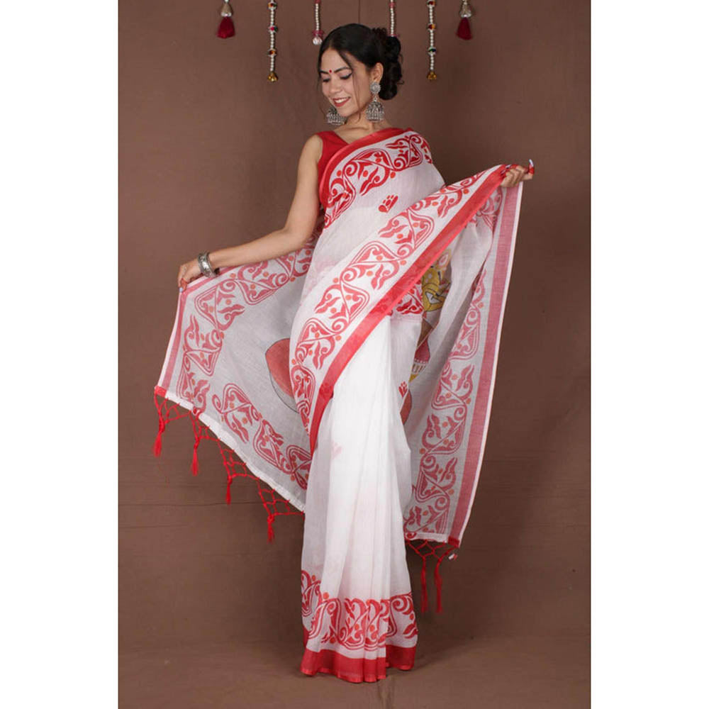 Isadora Life Womens Printed Tassels White Pre-Draped Saree with Unstitched Blouse