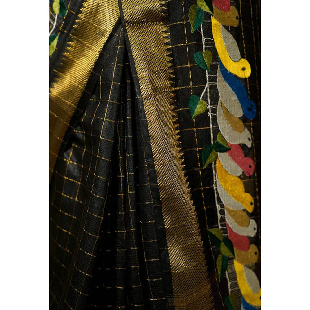 Isadora Life Womens Checks Tassels Black Pre-Draped Saree with Unstitched Blouse