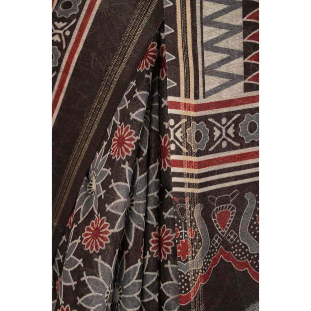 Isadora Life Womens Floral Printed Black Pre-Draped Saree with Unstitched Blouse