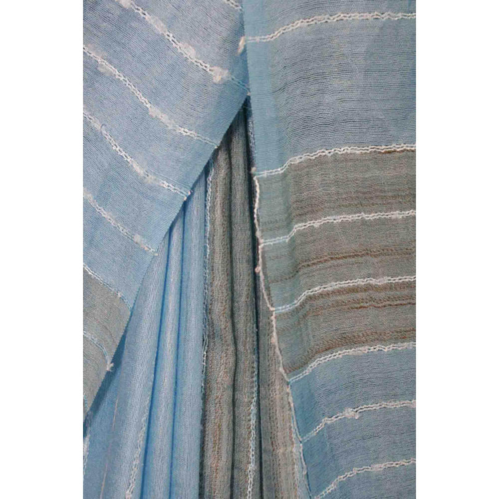Isadora Life Womens Stripes Tassels Blue Pre-Draped Saree With Unstitched Blouse