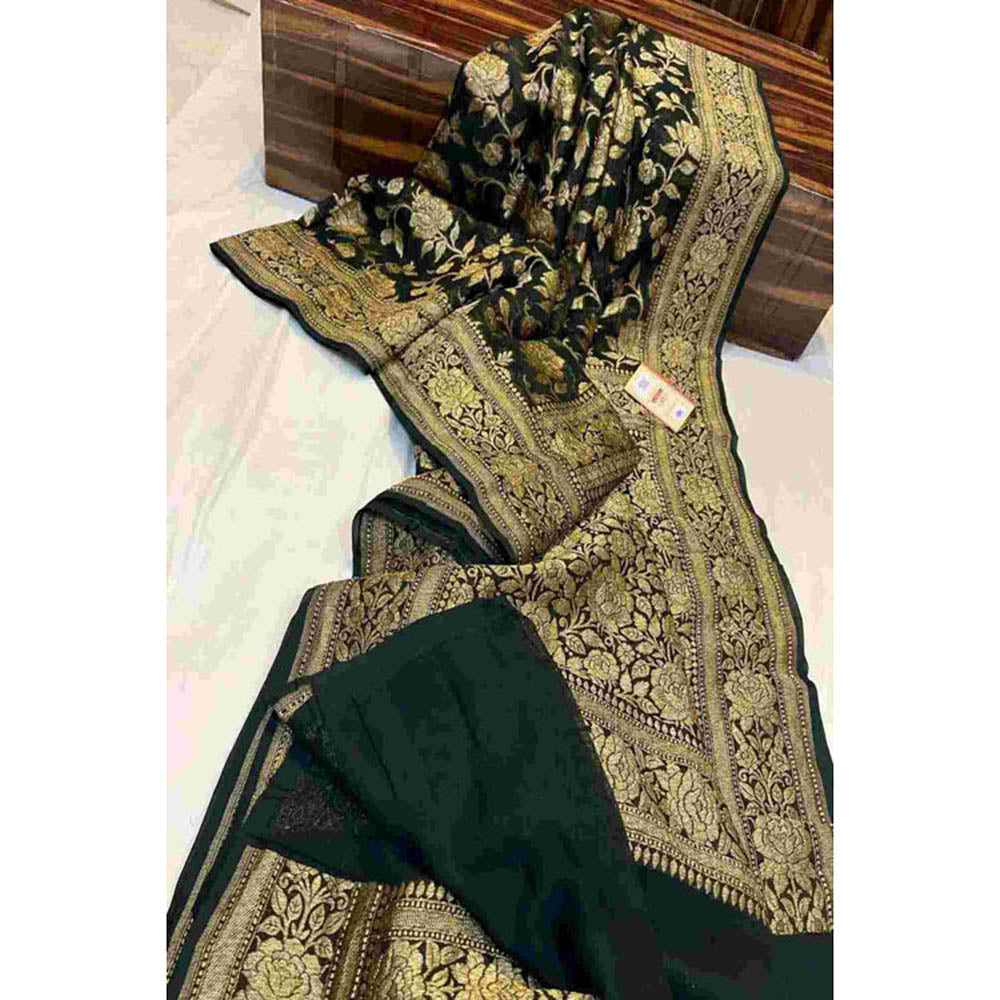 Isadora Life Womens Woven Zari Green Pre-Draped Saree With Unstitched Blouse