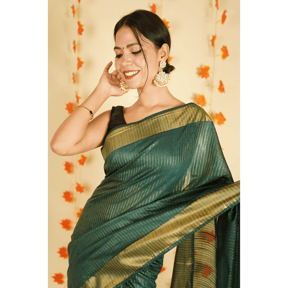 Isadora Life Womens Stripes Zari Green Pre-Draped Saree With Unstitched Blouse