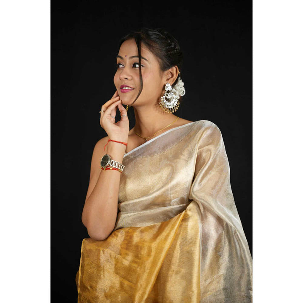 Isadora Life Womens Ombre Zari Multi-Color Pre-Draped Saree With Unstitched Blouse