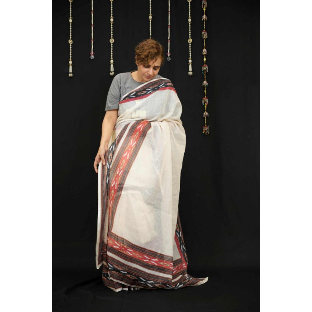 Isadora Life Womens Printed Off White Pre-Draped Saree With Unstitched Blouse