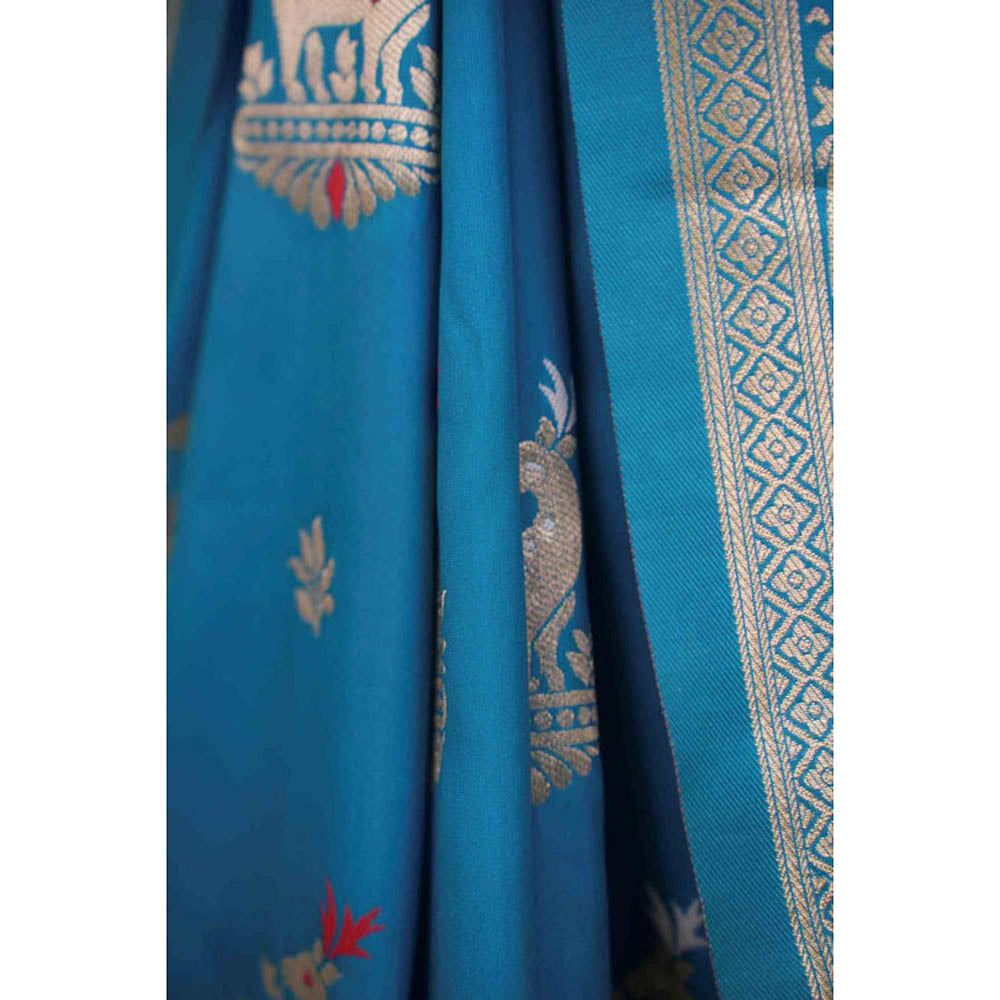 Isadora Life Womens Woven Zari Blue Pre-Draped Saree With Unstitched Blouse