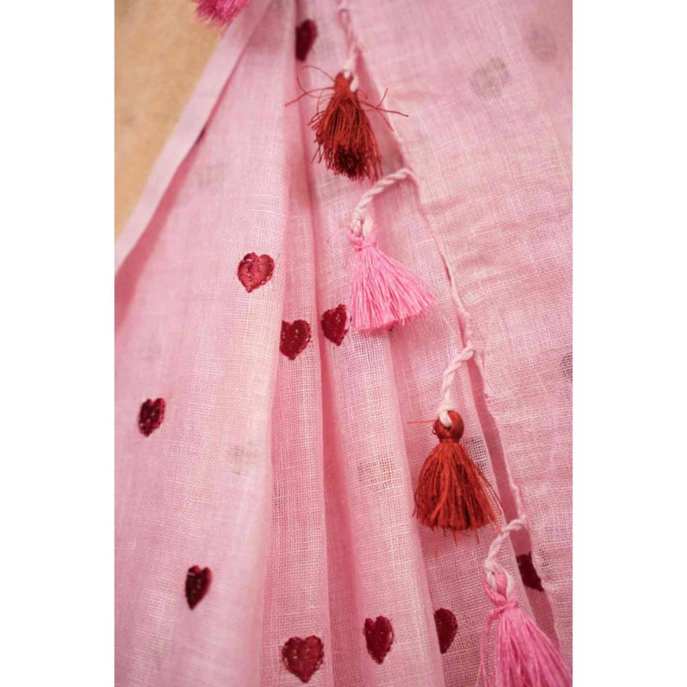 Isadora Life Womens Embroidered Tassels Pink Pre-Draped Saree With Unstitched Blouse