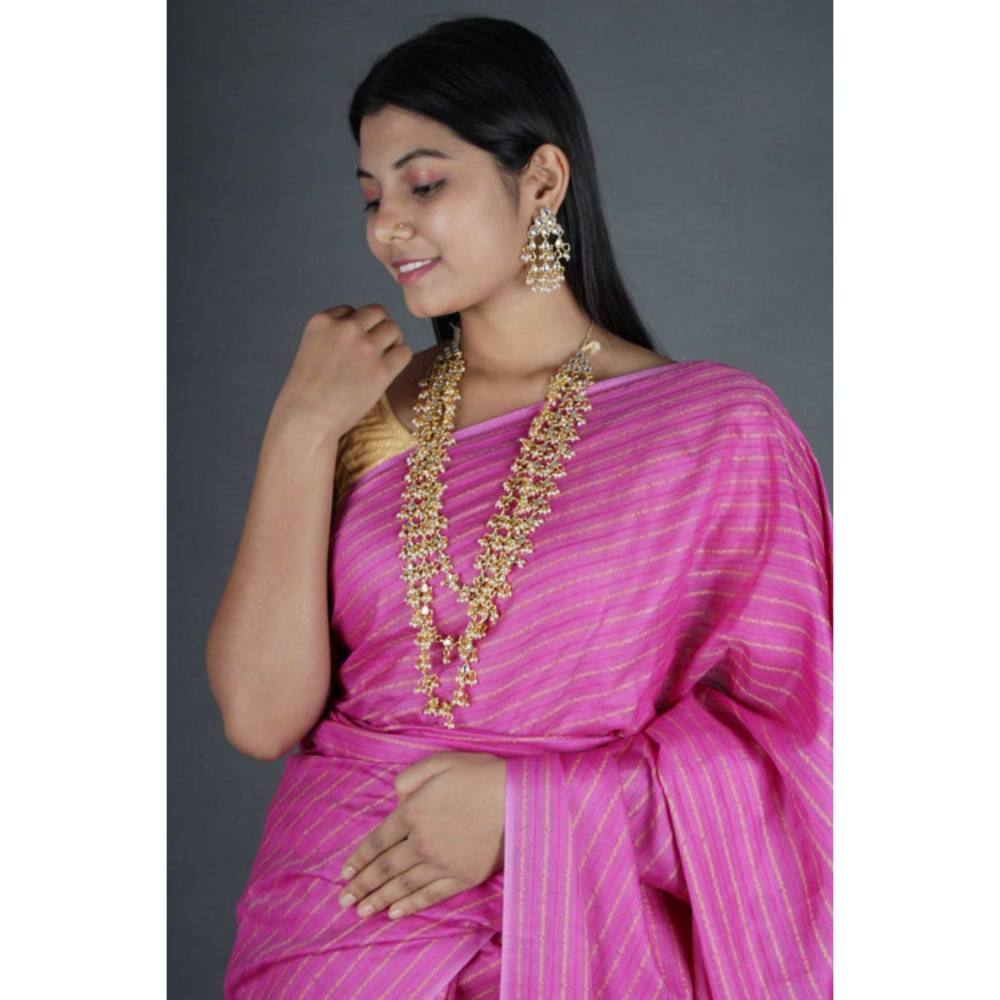 Isadora Life Womens Stripes Zari Pink Pre-Draped Saree with Unstitched Blouse