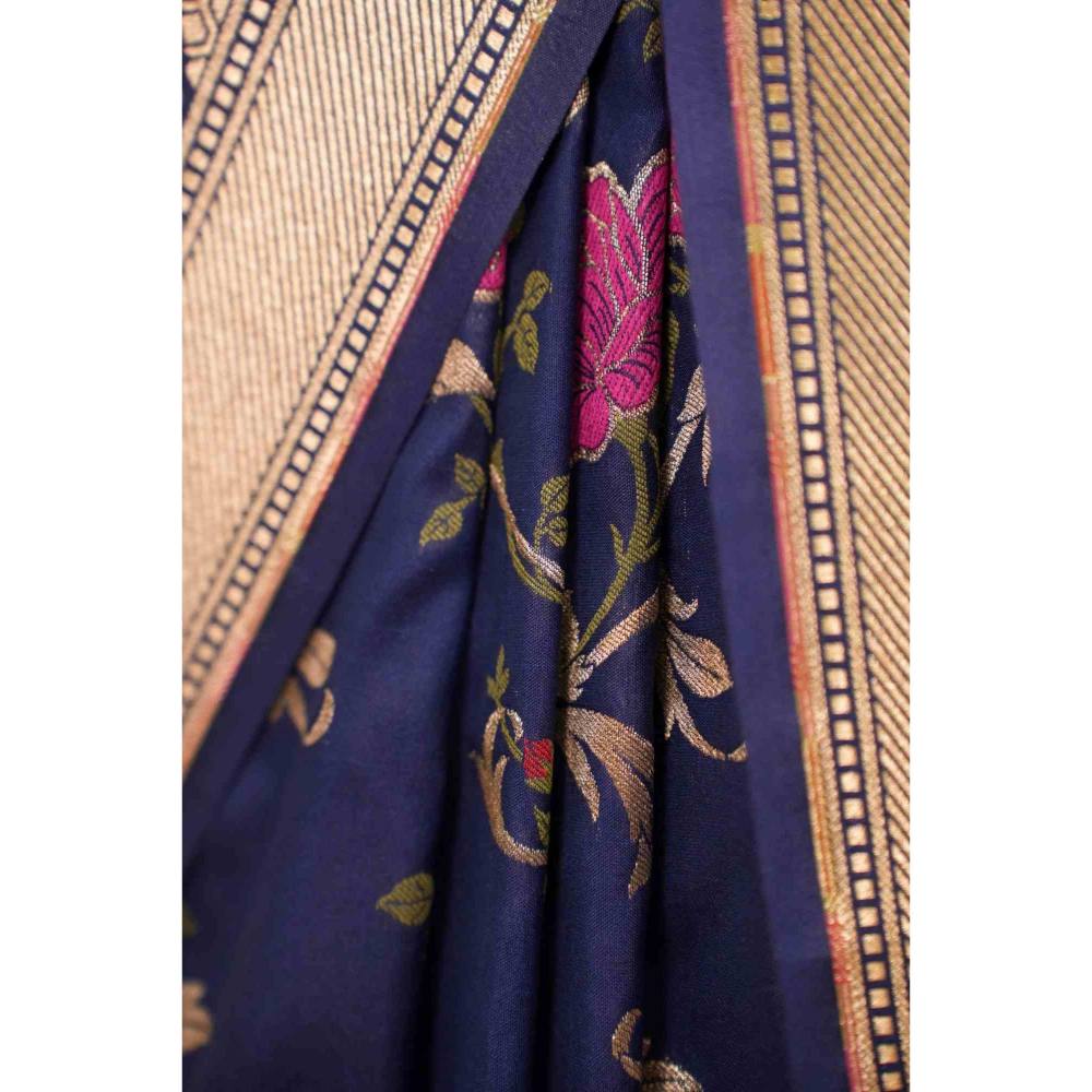 Isadora Life Womens Floral Zari Blue Pre-Draped Saree with Unstitched Blouse