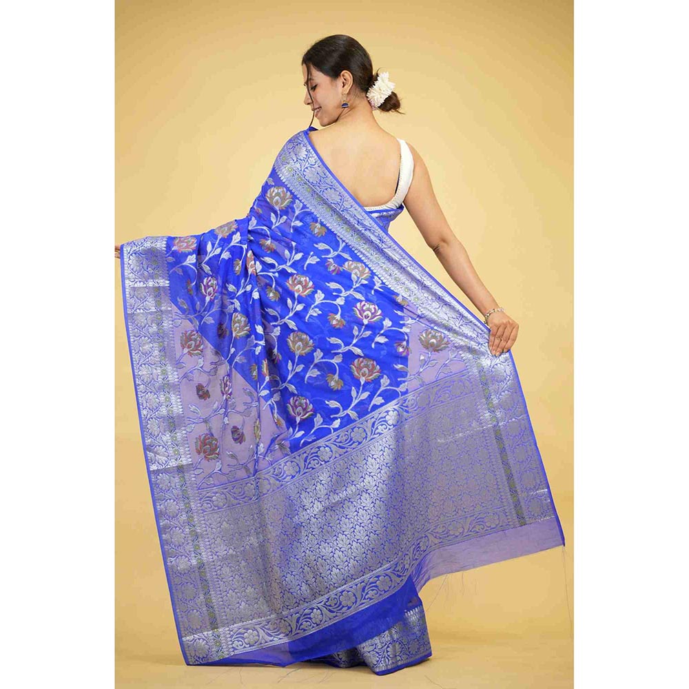 Isadora Life Blue Floral Pre-Draped Saree with Unstitched Blouse
