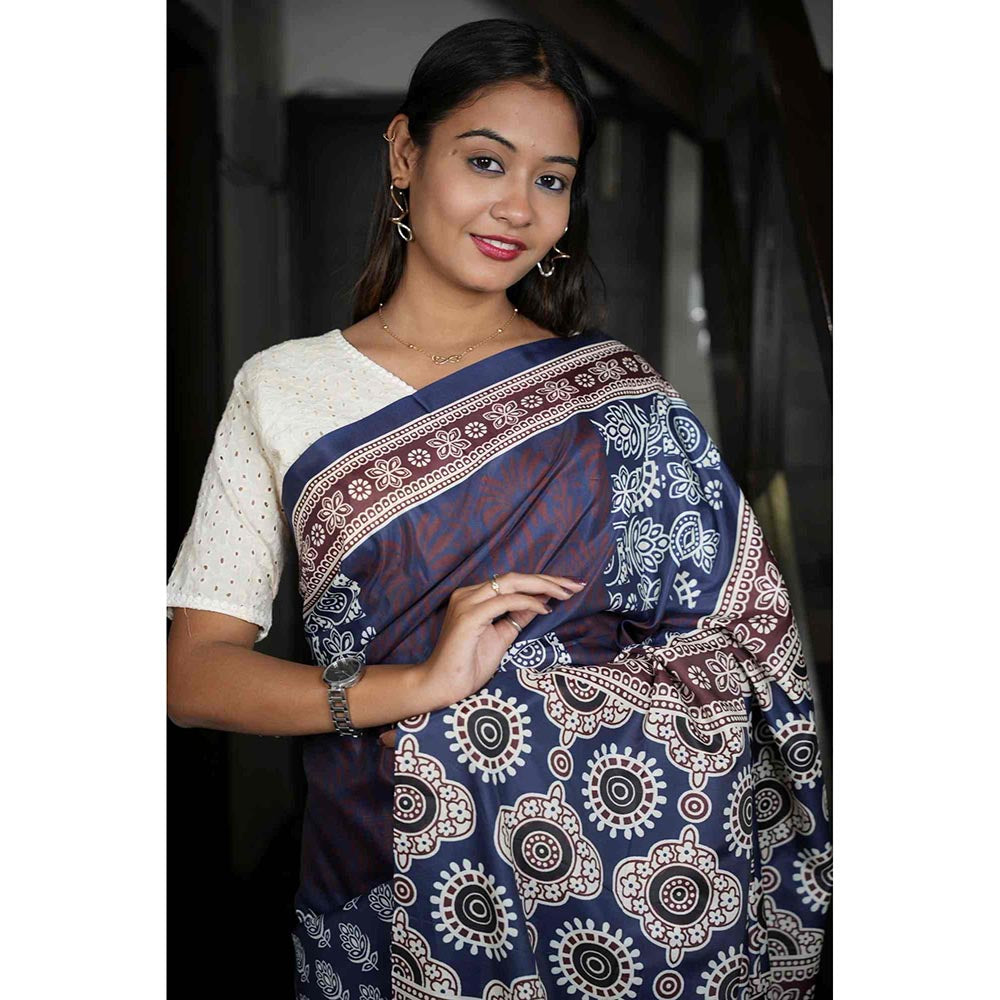 Isadora Life Blue Floral Pre-Draped Saree with Unstitched Blouse