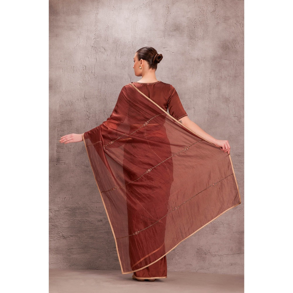 Janki India Floral & Cut Dana Work Brown Organza Saree with Stitched Blouse & Underskirt