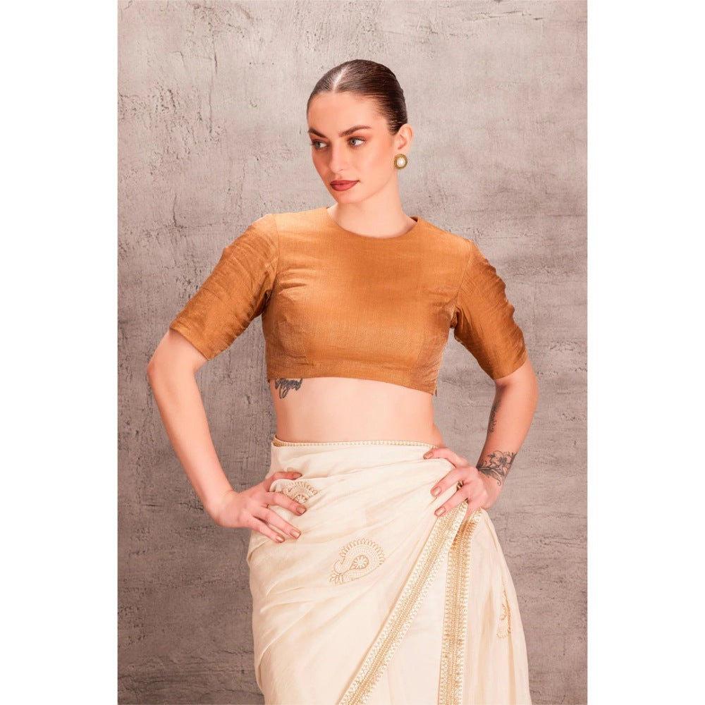 Janki India White Chanderi Brown Saree with Stitched Blouse and Petticoat
