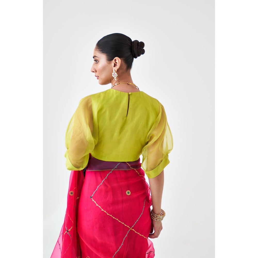 Janki India Lemon Green Organza Solid Stitched Blouse