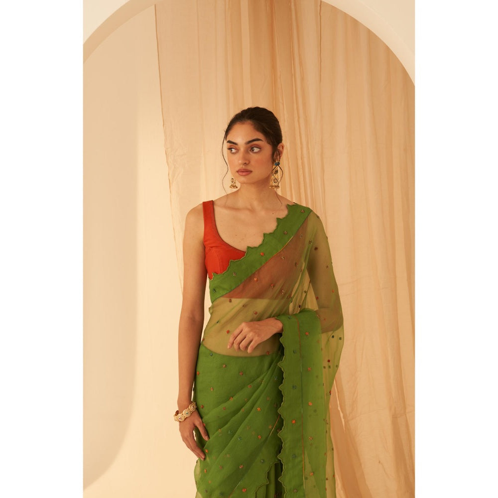 Janki India Women Green Organza Embroidered Saree with Peticoat without Blouse