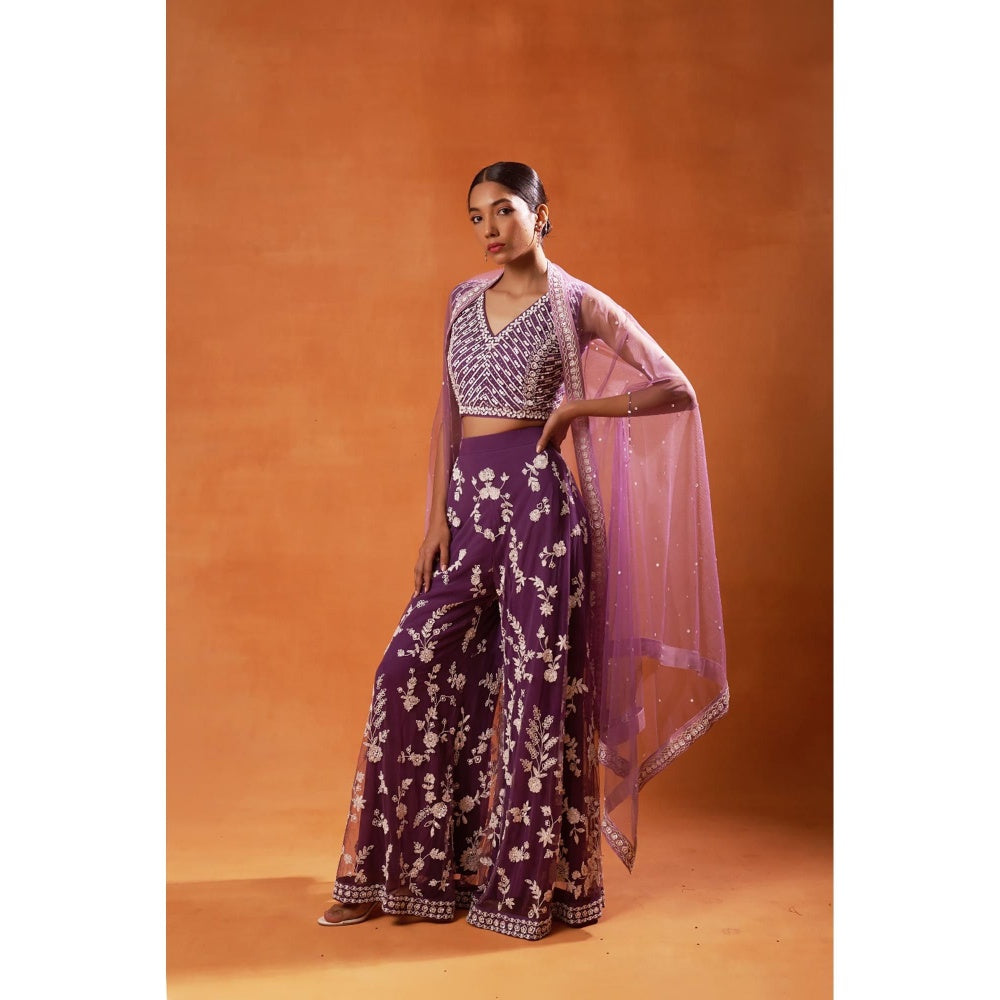 Jasashi Purple Embellished Floral Indo-Western Crop Top with Palazzo and Cape (Set of 3)