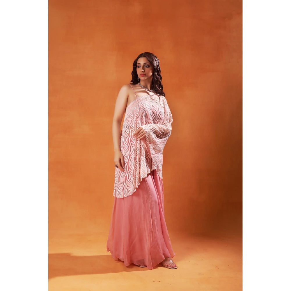 Jasashi Pink Asymmetrical Embellished Indo-Western Top with Skirt (Set of 2)