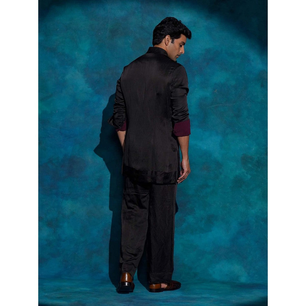 Jatin Malik Black Hand Embroidered Open Bandhgala with Kurta and Trouser