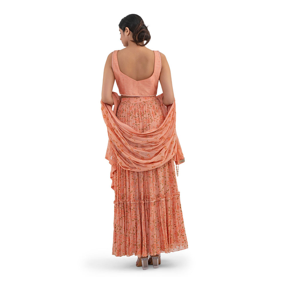 Journal By Pranay Peach Embroidered And Printed Tiered Lehenga With Choli & Dupatta (Set of 3)