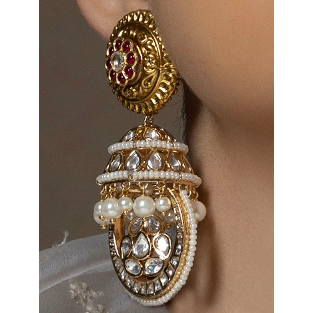 Joules By Radhika Red & White Antique Rubies Jhumka