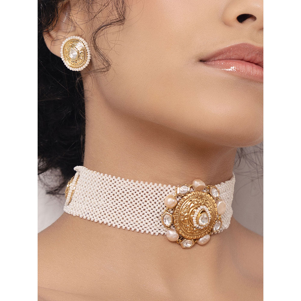 Joules By Radhika White Polki-Pearl Elegant Choker Necklace with Earrings