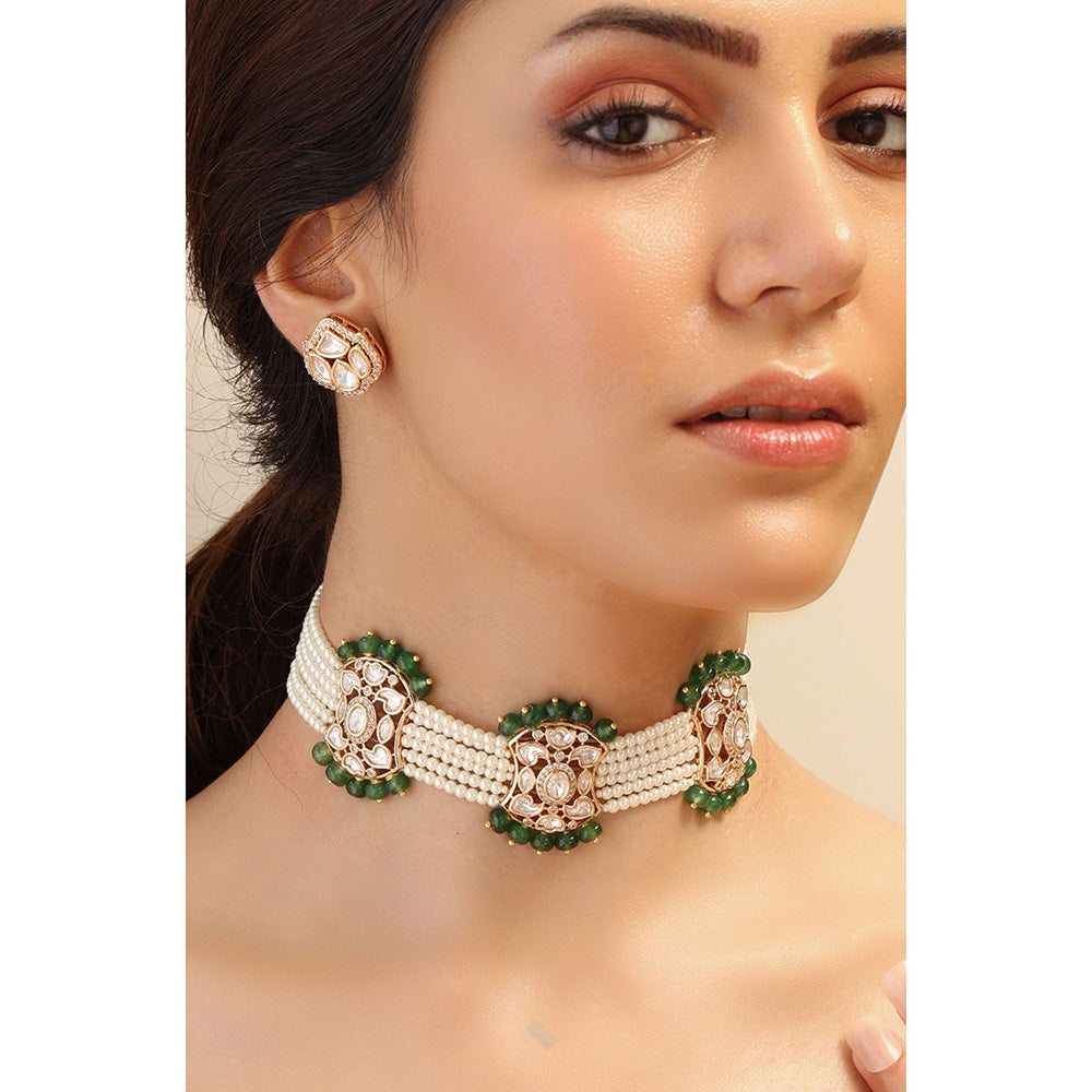 Joules By Radhika Green Pastel Petals Kundan Pearl Necklace Set