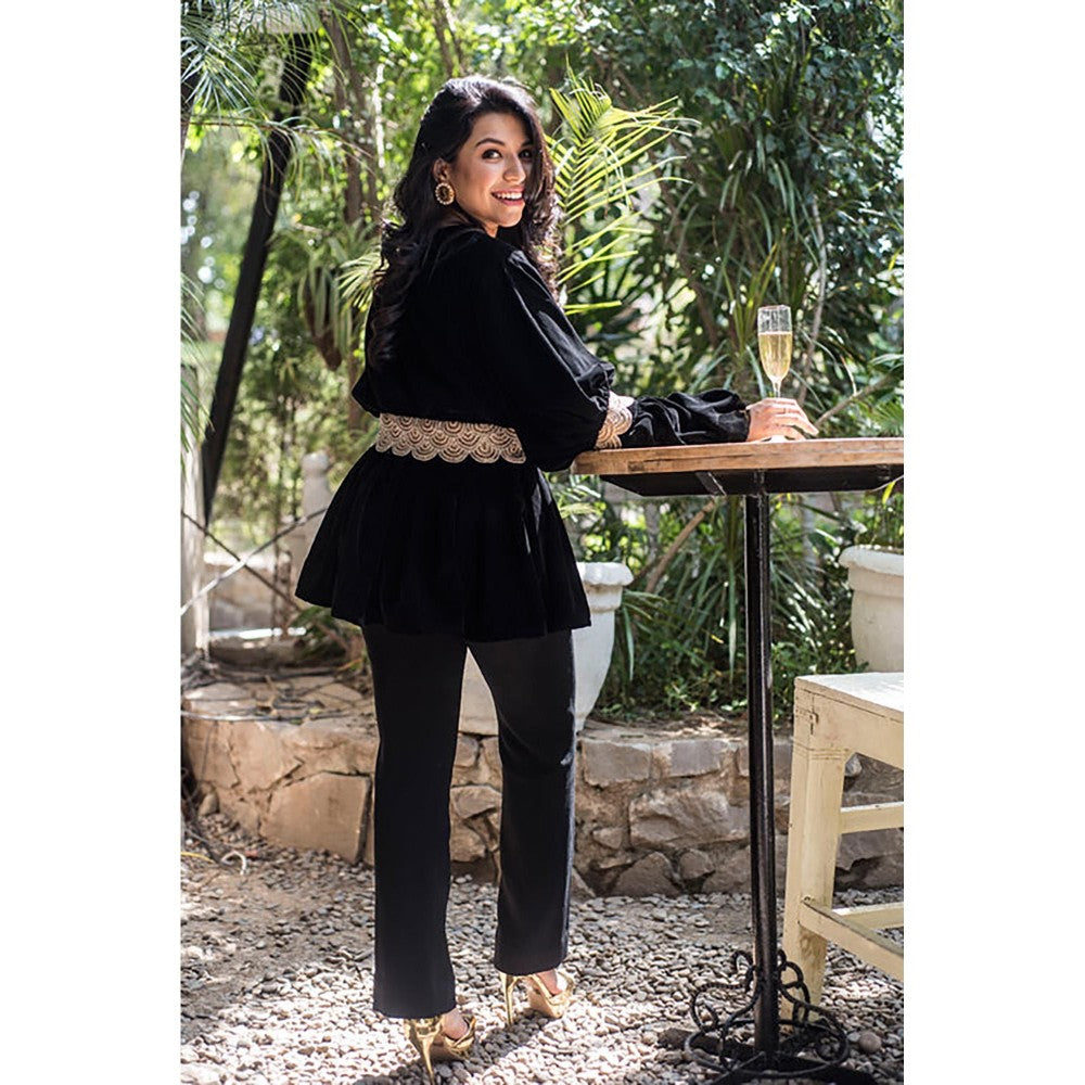 JUHI NANDA Velvet Scallop Black Top