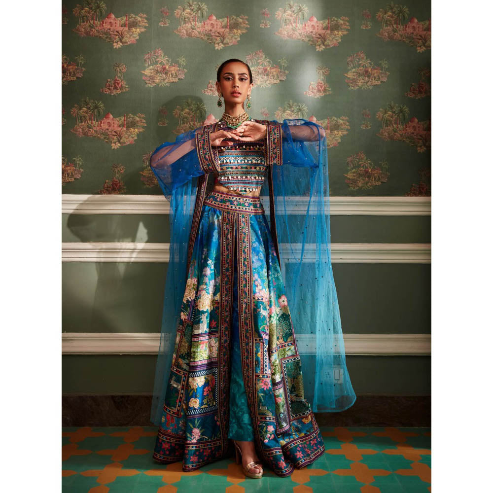 KALISTA Blue Mehreen Blouse with Palazzo and Cape and Lehenga (Set of 4)