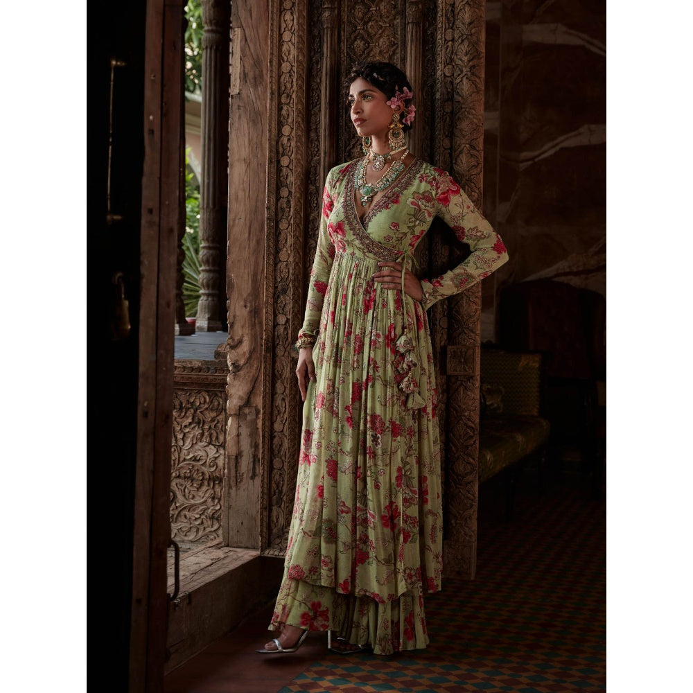 KALISTA Green Mysa Angarkha Kurta with Sharara (Set of 2)