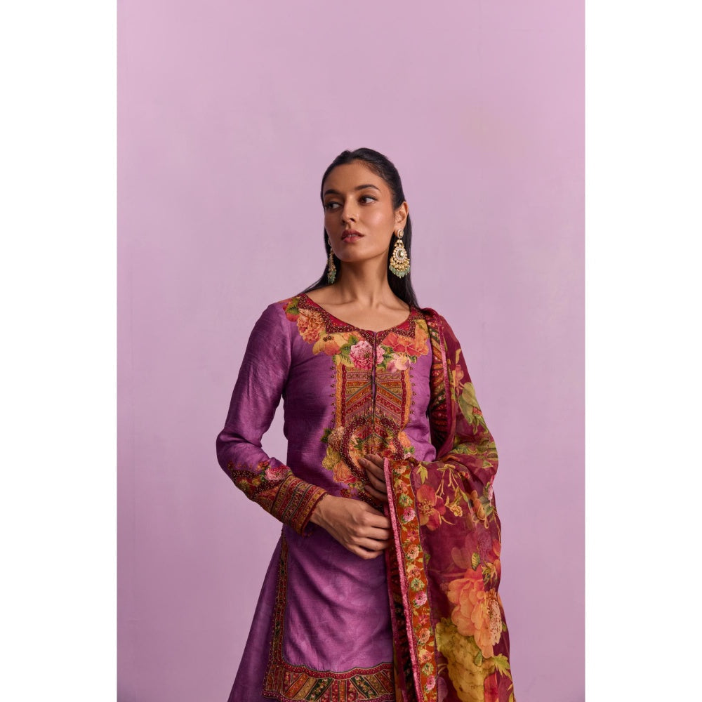 KALISTA Sehnaaz Purple Floral Short Kurta with Lehengas and Dupatta (Set of 3)