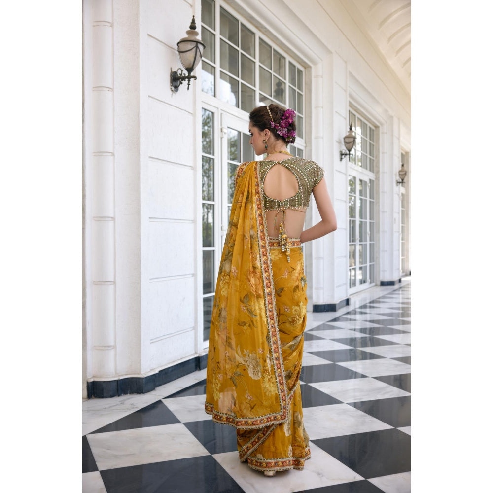 KALISTA Yellow Draped Saree with Stitched Blouse