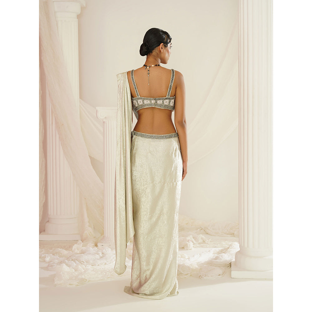 Kapda Dori Ivory Embroidered Pre-Draped Saree with Stitched Blouse