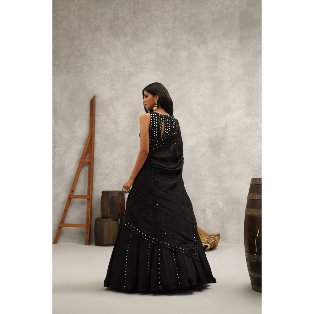 Kapda Dori Black Mirror Work Embroidered Lehenga with Blouse and Dupatta (Set of 3)