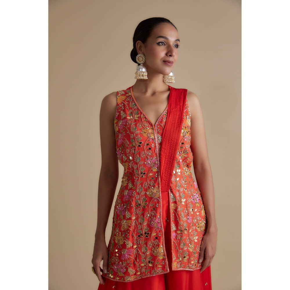 KEITH GOMES Red Embellished Tunic & An Attached Drape Dupatta Palazzo (Set of 3)