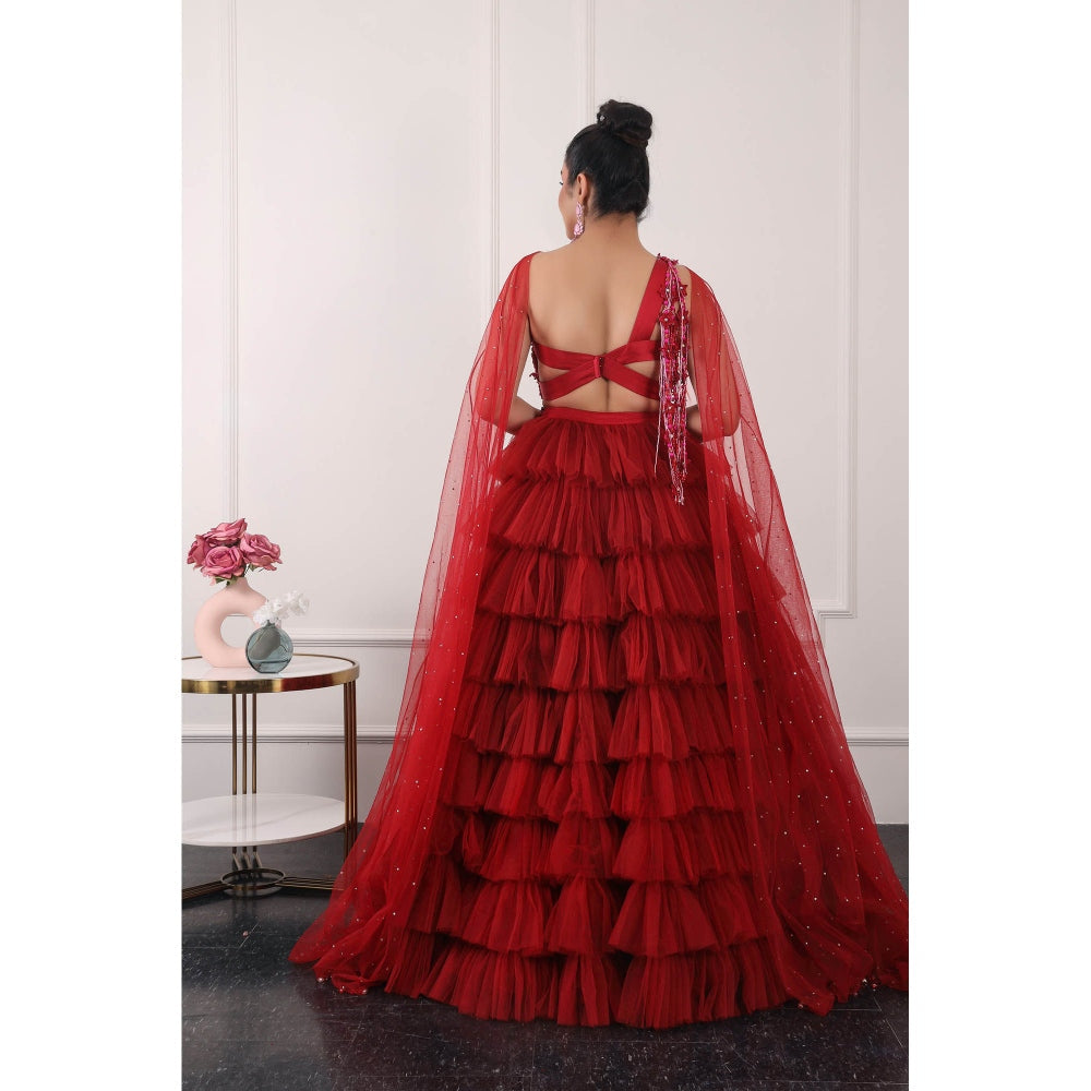 Kiran Kalsi Red 3D Embroidered Lehenga with Blouse and Dupatta (Set of 3)