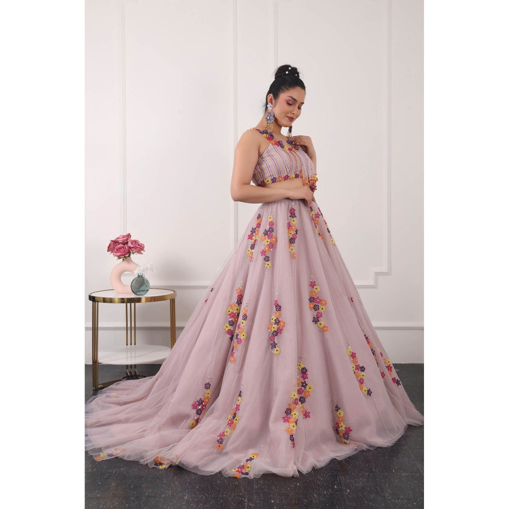 Kiran Kalsi Women Lavender 3D Embroidered Lehenga with Blouse and Dupatta (Set of 3)
