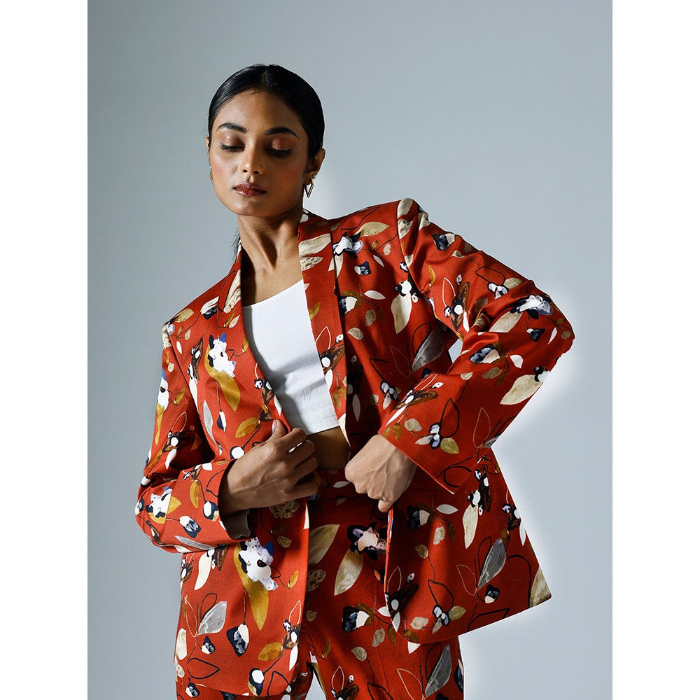 Klad Vivid Red Printed Shawl Lapel Blazer with Inner and Pant (Set of 3)