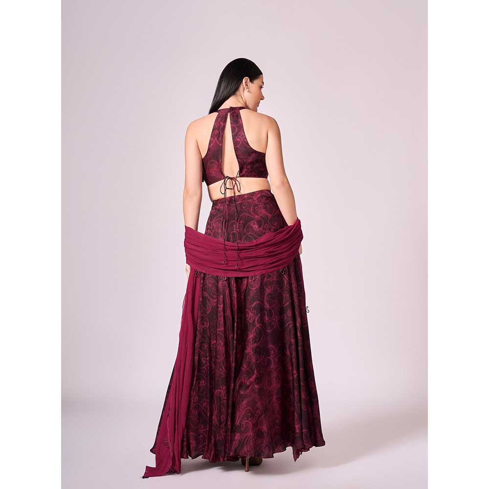 KOSWI Maroon Cherry Print Lehenga with Blouse and Dupatta (Set of 3)